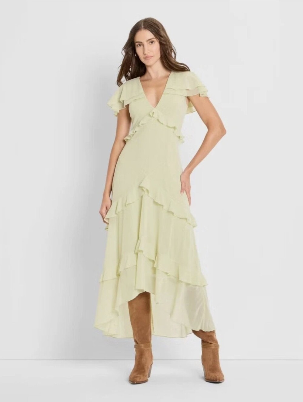 Women's Ruffle Cape High-Low Maxi Dress-Pale Green